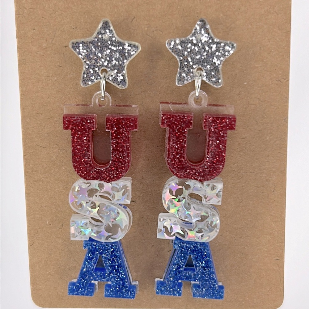 Acrylic ”USA” Red White and Blue Stud Earrings Fashion Jewelry Patriotic